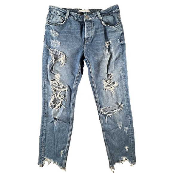 Zara Trafaluc Distressed Ripped Boyfriend Jeans Blue Button Fly Size 6 US 38 EUR - Picture 1 of 10